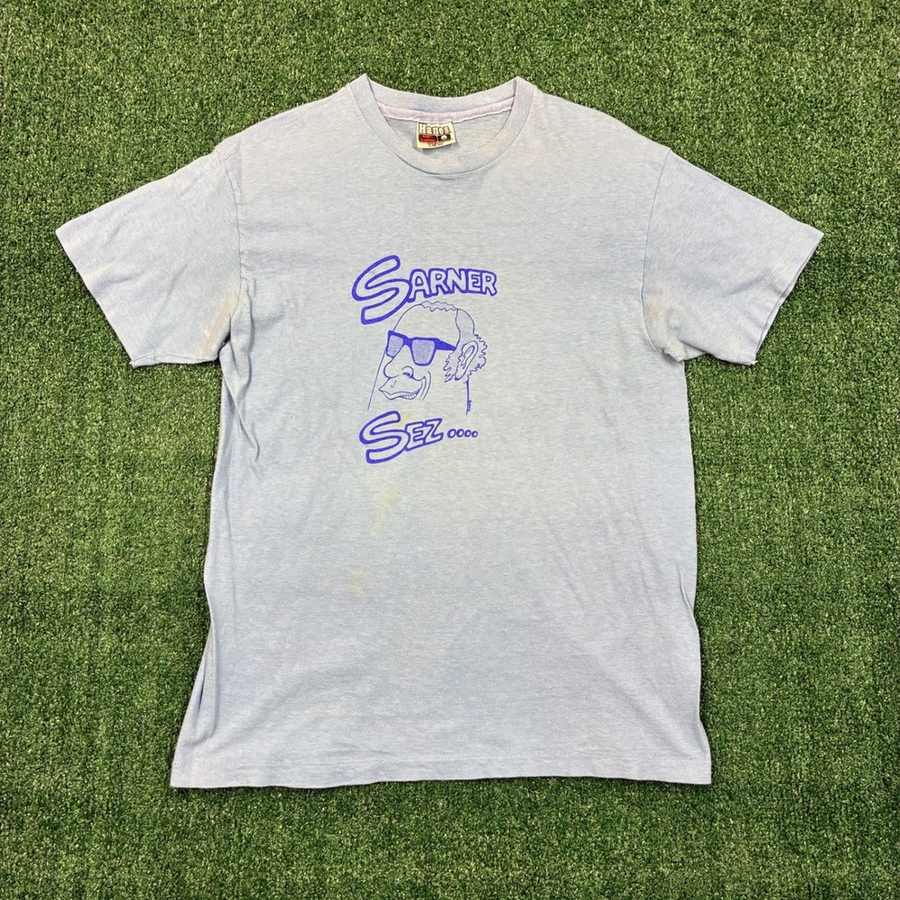 Vintage 70s Author Sarner Sez Hanes Cartoon Logo T-shirt Blue